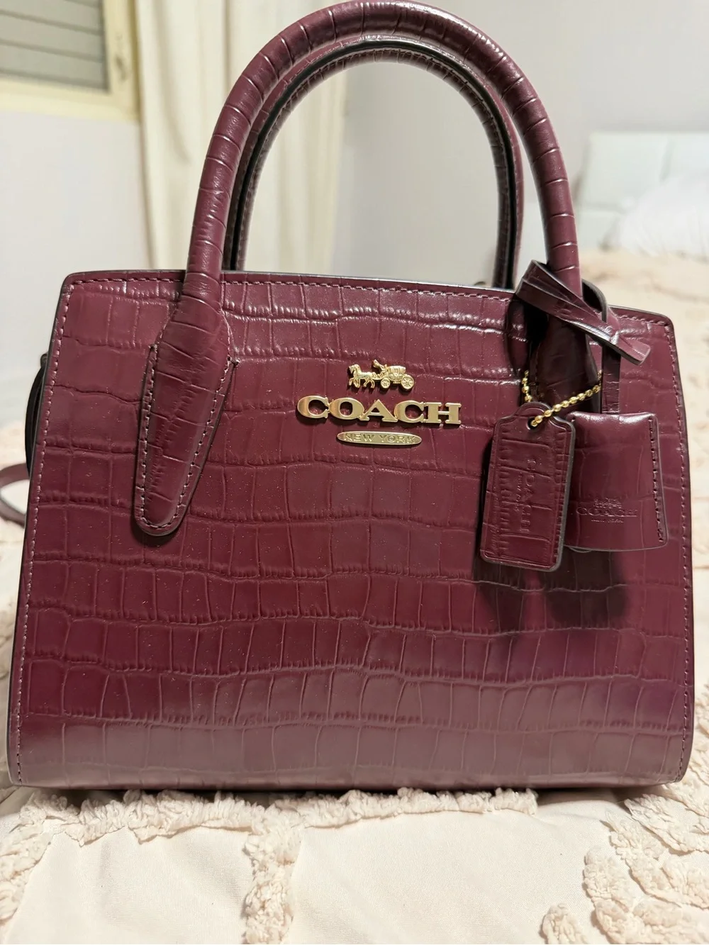 Coach Croc-Embossed Wine Mini Satchel with Cherry Charm